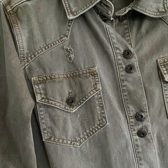 Free People Moonchild Distressed Oversized Denim Olive Green Jacket Shacket Sz S - Picture 9 of 11